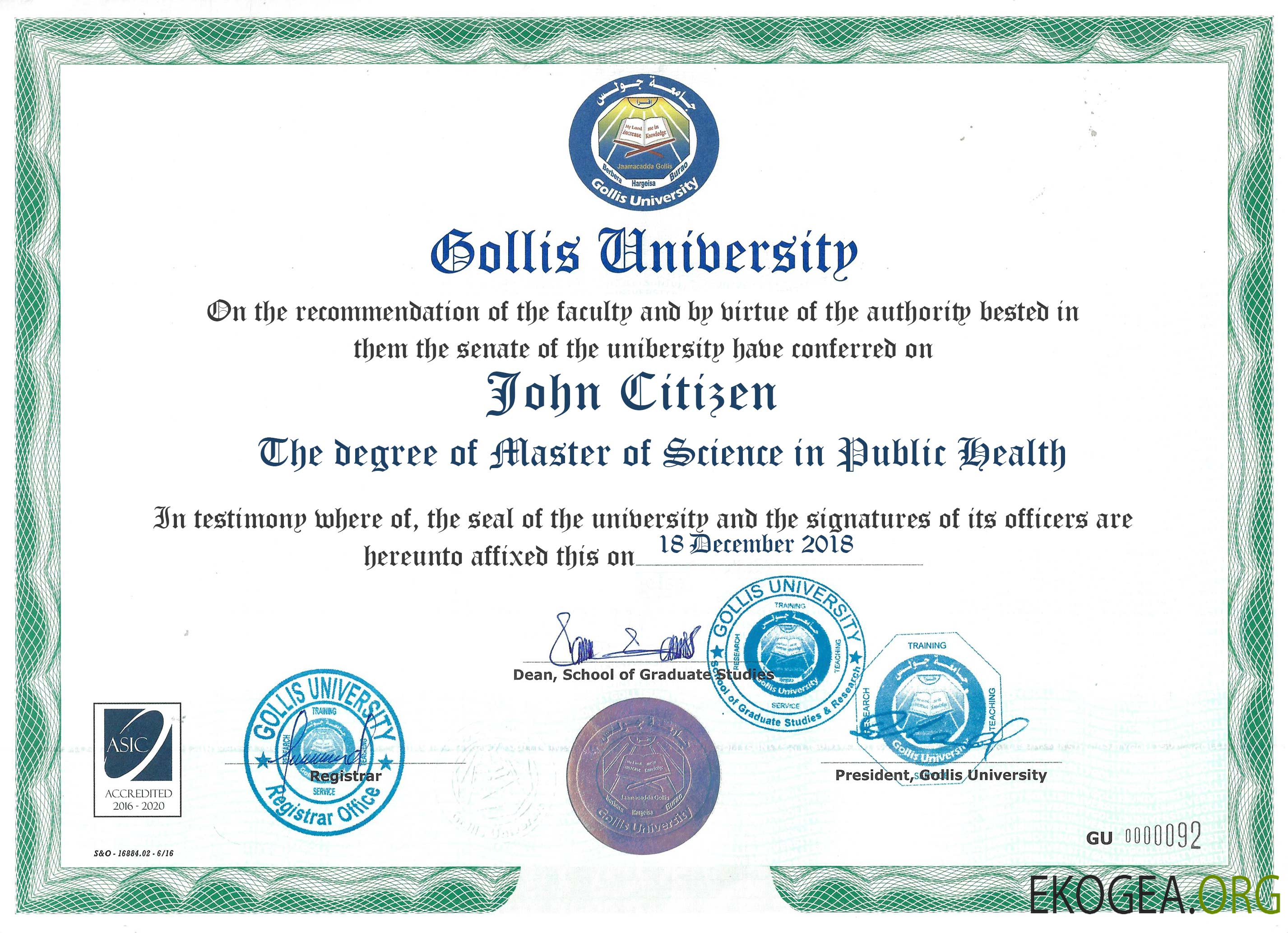 Certificat universitaire Somaliland Gollis